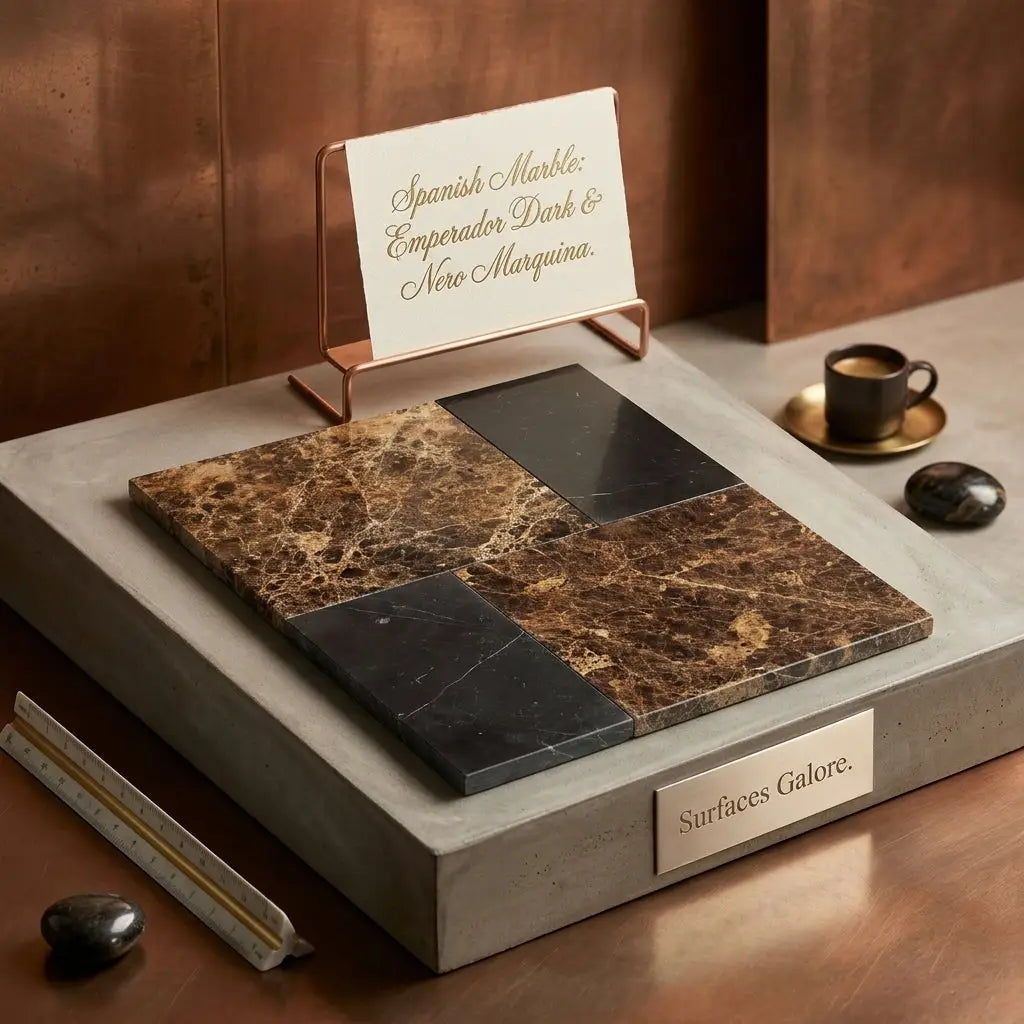 Modena set featuring emperador dark 12x12 and nero marquina 6x12 spanish marble on elegant display pedestal
