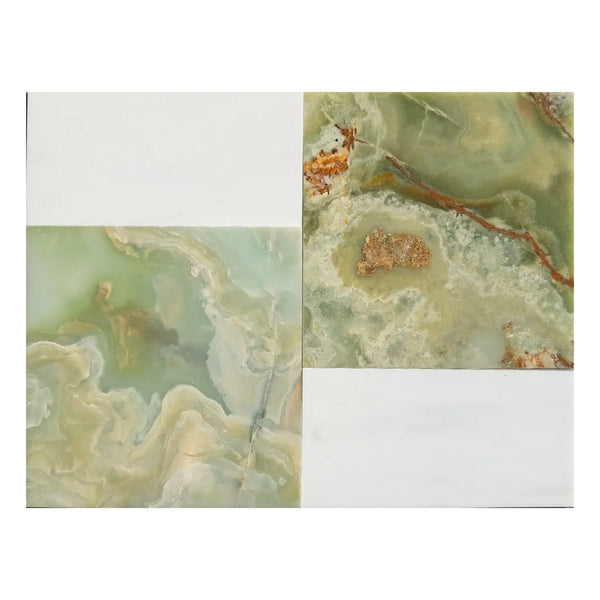 Four-paneled decorative tile in Modena in Green Onyx and Bianco Dolomite set