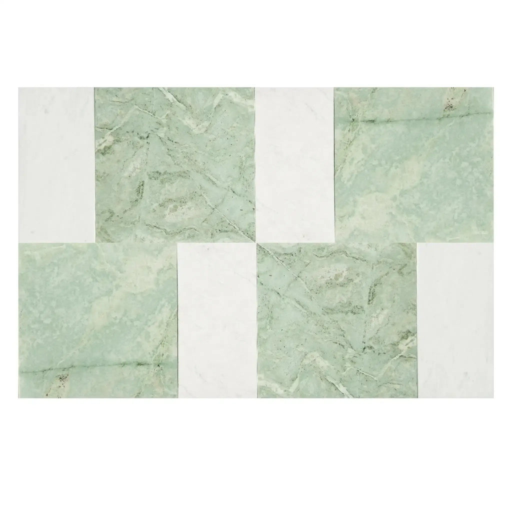 Green and white checkered tile pattern from Modena in Ming Green and Carrara White Set