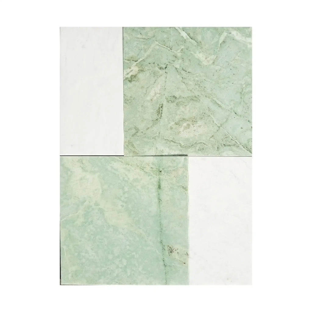 Four-tile arrangement of Modena in Ming Green 12X12 and Carrara White 6X12 Set