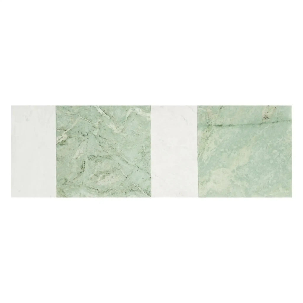 Alternating green marble and white tiles from the Modena in Ming Green and Carrara White set