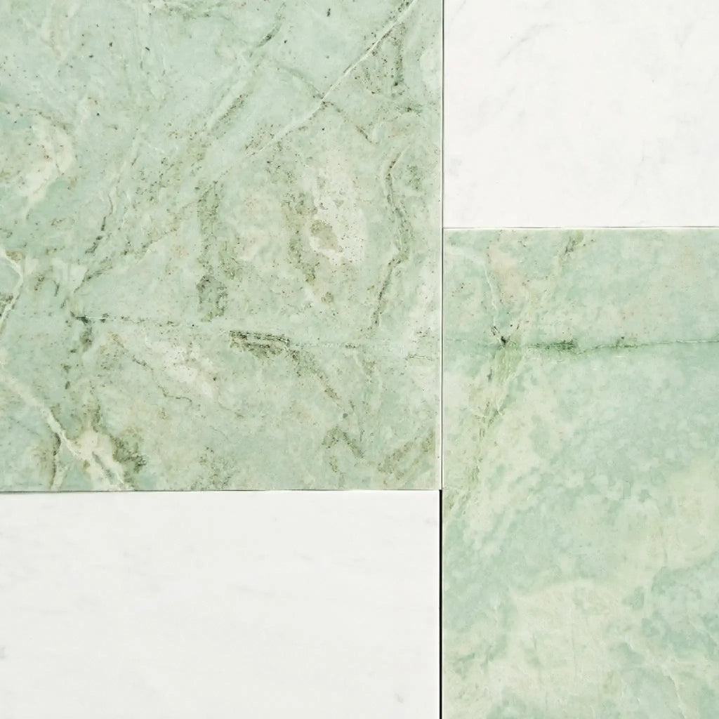Green and white marble tiles in Modena in Ming Green 12X12 and Carrara White 6X12 Set