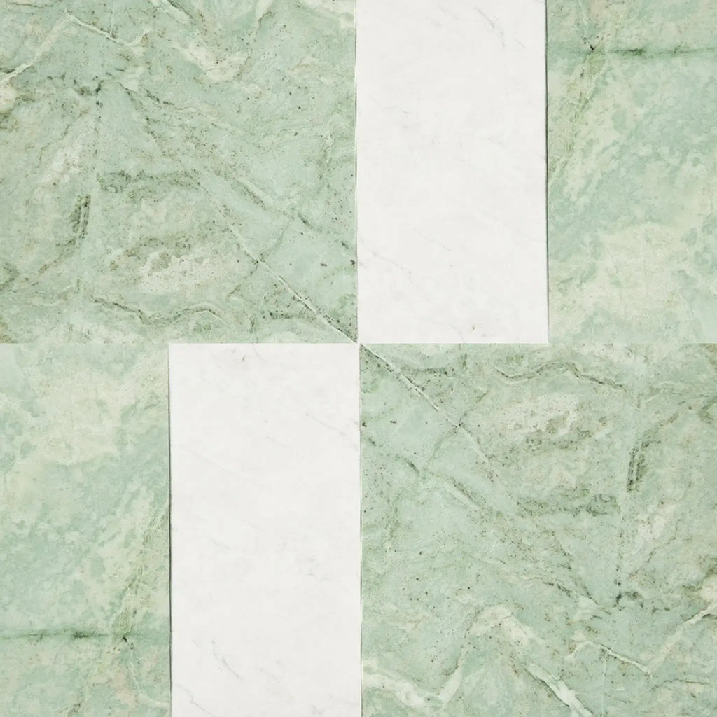 Green and white marble tile pattern in Modena in Ming Green and Carrara White set