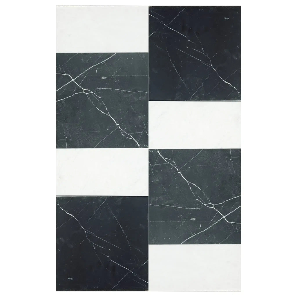 Black and white marble tile pattern from Modena in Nero Marquina and Carrara White set