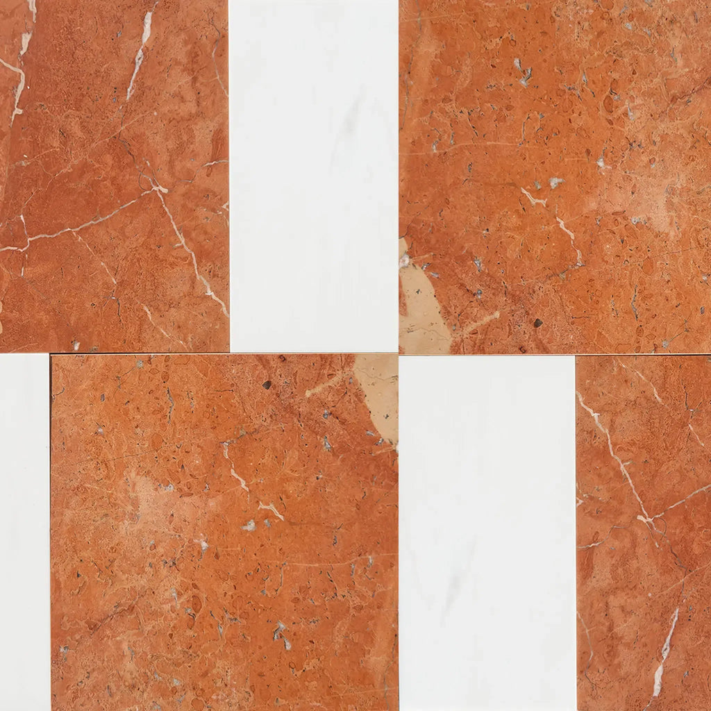 Red and white marble tile pattern in Modena in Rojo Alicante and Bianco Dolomite set