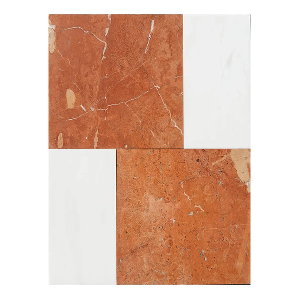 Four-tile arrangement of Modena in Rojo Alicante and Bianco Dolomite set