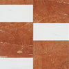 Red and white marble tile pattern featuring Modena in Rojo Alicante and Bianco Dolomite