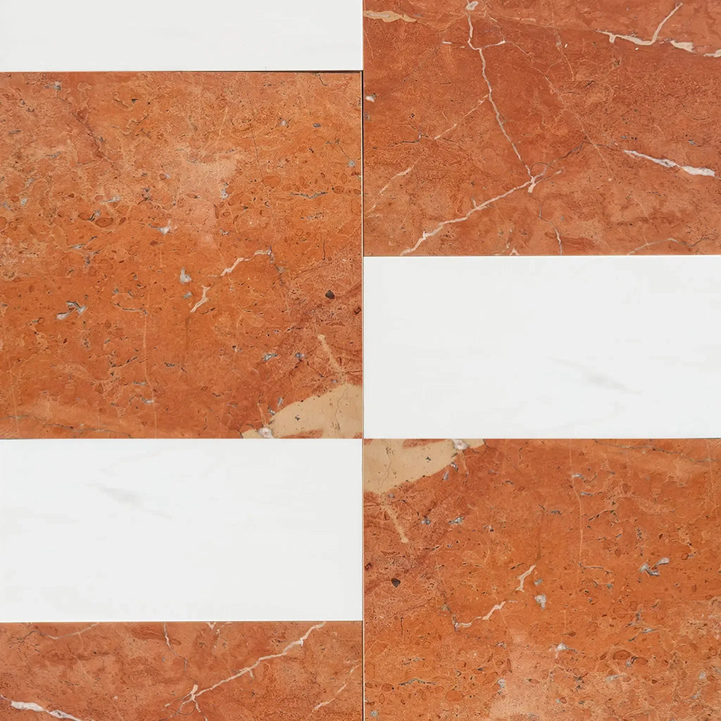 Red and white marble tile pattern in Modena in Rojo Alicante and Bianco Dolomite set