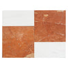 Red marble tile arrangement featuring Modena in Rojo Alicante and Bianco Dolomite set