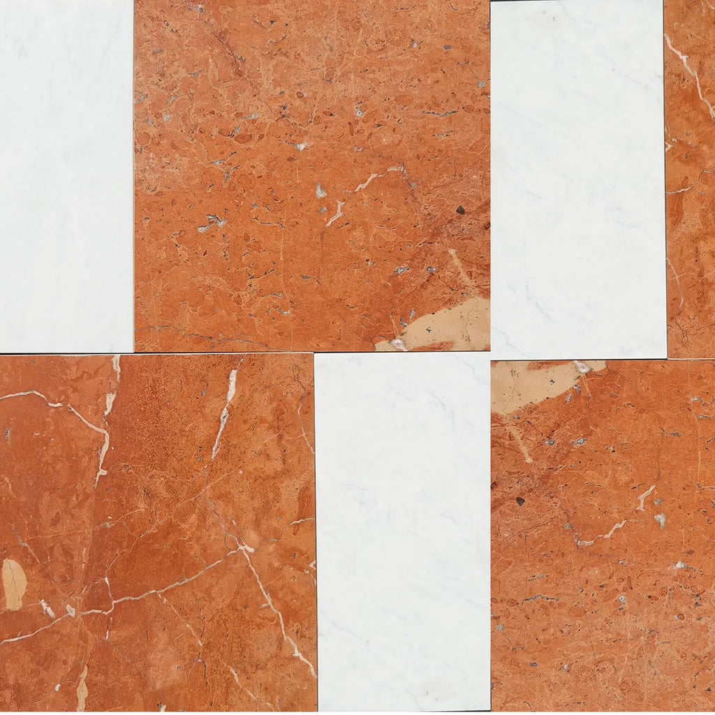 Red and white marble tile pattern in Modena in Rojo Alicante and Carrara White set