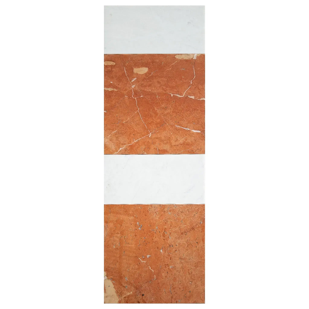 Two reddish-brown marble tiles from the Modena in Rojo Alicante set displayed elegantly
