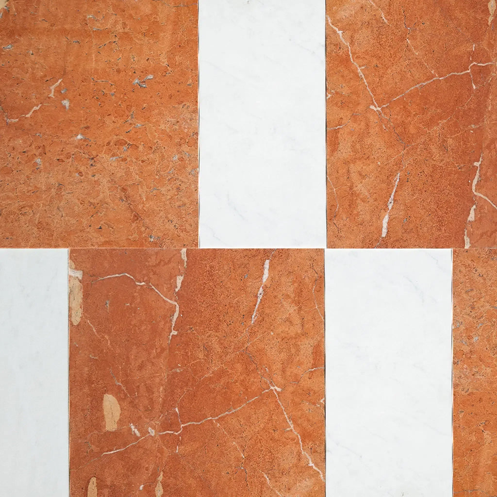 Orange and white marble tile pattern showcasing Modena in Rojo Alicante 12X12 and Carrara White 6X12 Set