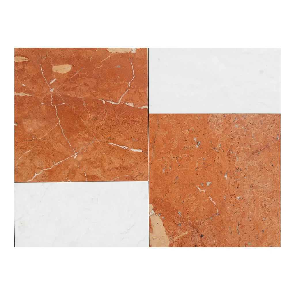 Four-piece marble tile pattern featuring Modena in Rojo Alicante and Carrara White set