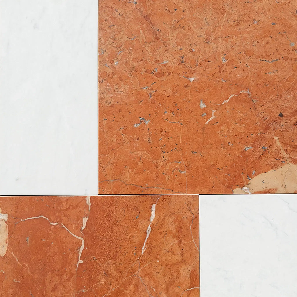 Orange and white marble tiles in Modena Rojo Alicante 12X12 and Carrara White 6X12 Set