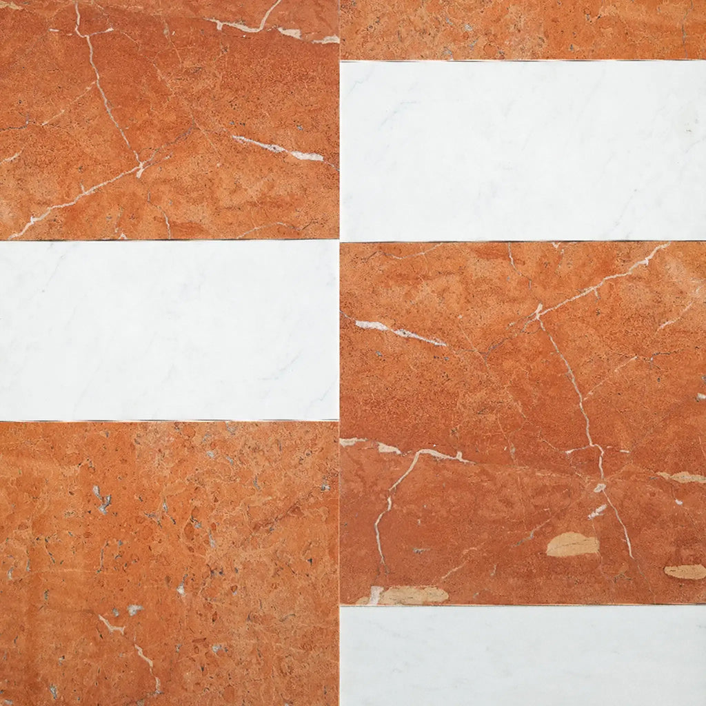 Red and white marble tile pattern in Modena in Rojo Alicante and Carrara White set