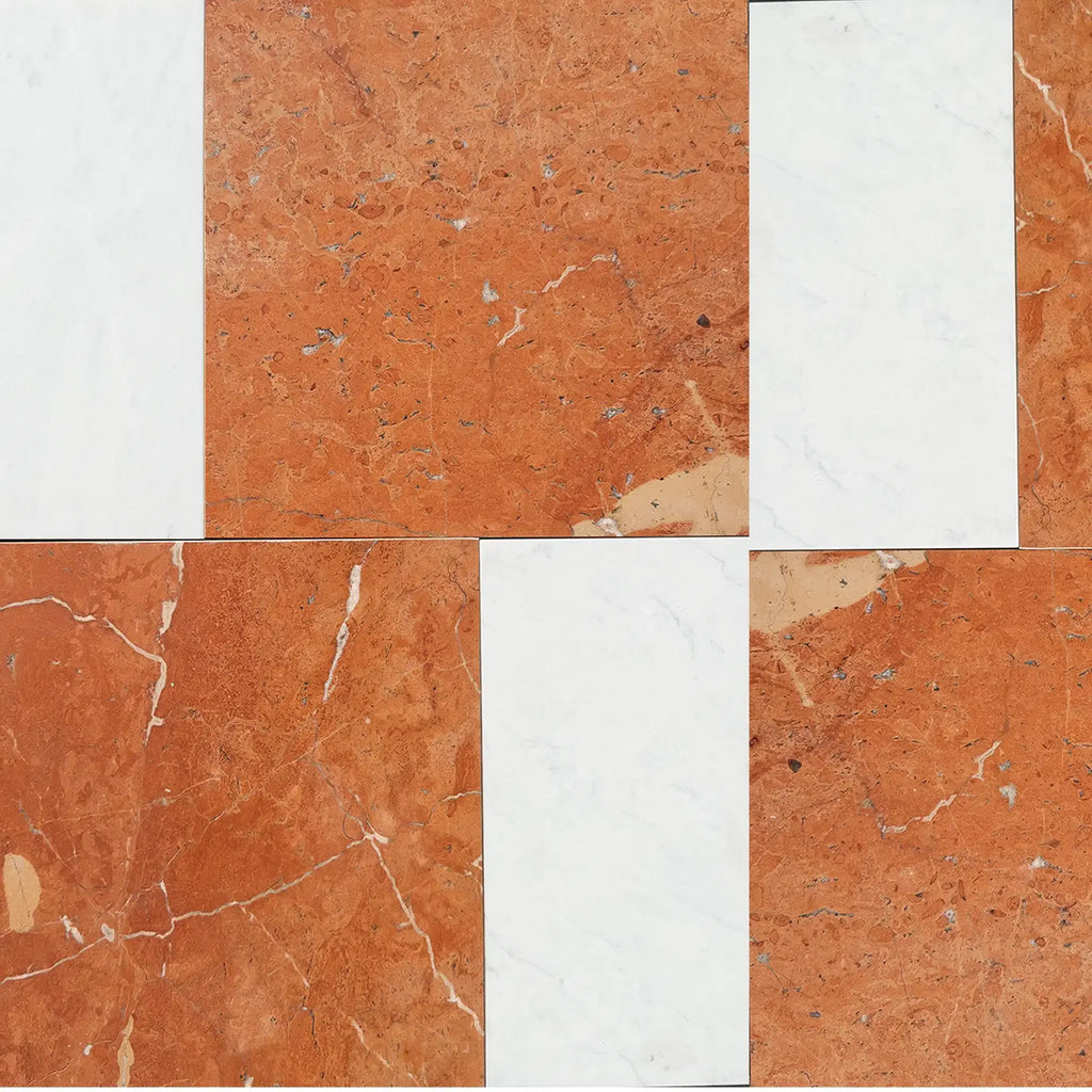 Red and white marble tile pattern in Modena in Rojo Alicante and Carrara White set