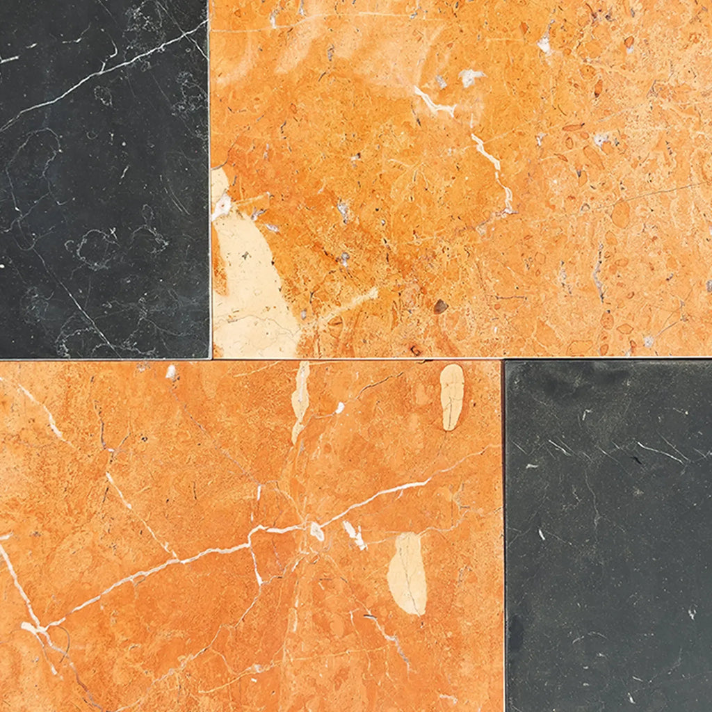 Polished Marble Tiles in Modena Rojo Alicante 12X12 and Nero Marquina 6X12 Set
