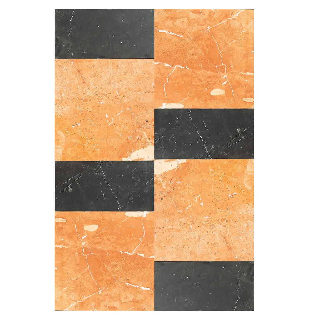 Alternating orange and black marble tiles in Modena Rojo Alicante and Nero Marquina set