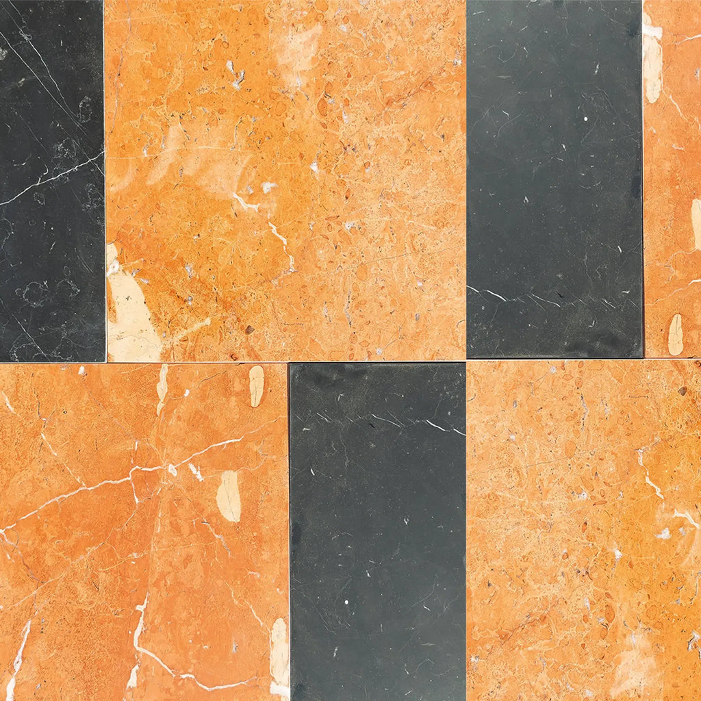 Orange and black marble tiles from Modena in Rojo Alicante and Nero Marquina set
