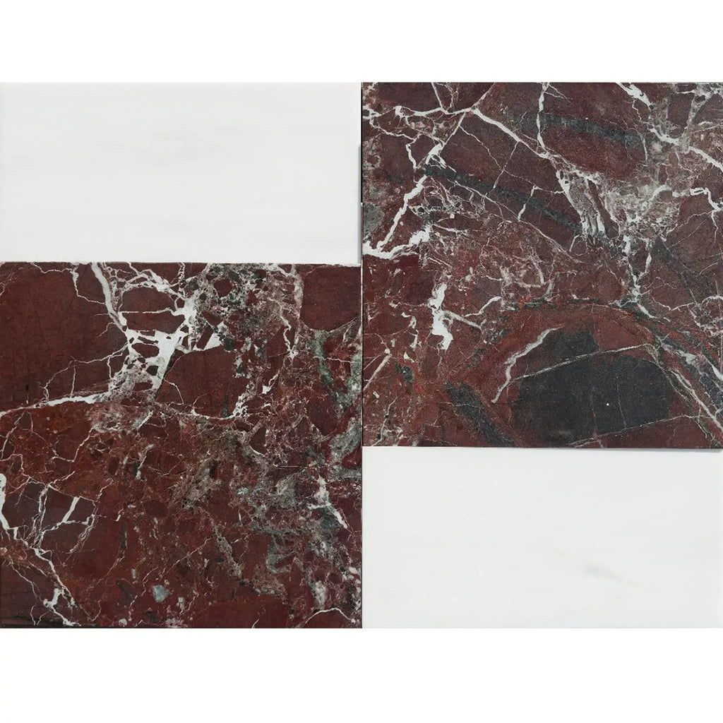Red marble tiles with white veining in Modena in Rosso Levanto and Bianco Dolomite Set