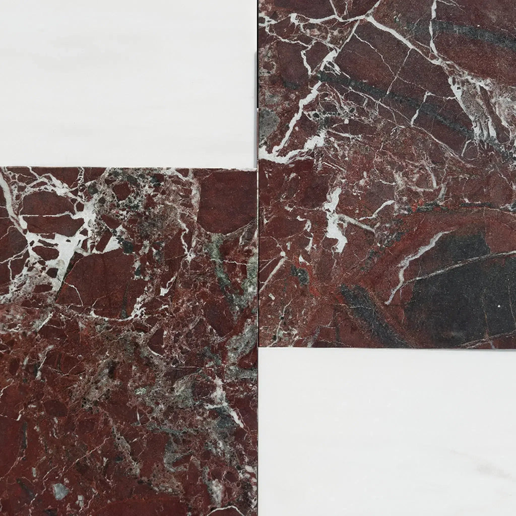 Red and white marble tiles in the Modena in Rosso Levanto and Bianco Dolomite set