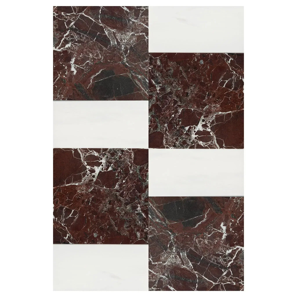 Alternating marble and white tile pattern in Modena in Rosso Levanto and Bianco Dolomite set