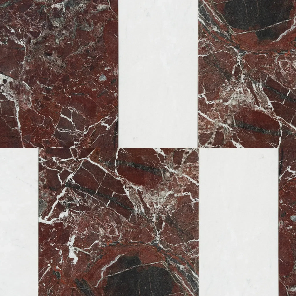 Red and white marble tile pattern of Modena in Rosso Levanto 12X12 and Carrara White 6X12 Set