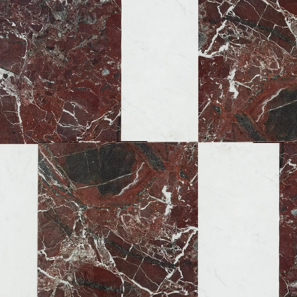 Red and white marble tile pattern for Modena in Rosso Levanto and Carrara White set