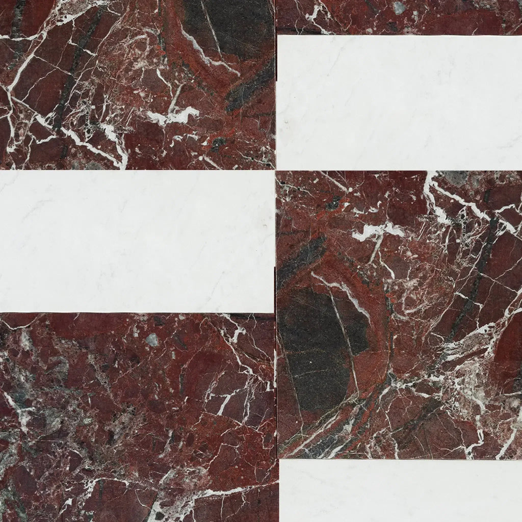 Red and white marble pattern in Modena in Rosso Levanto and Carrara White tile set