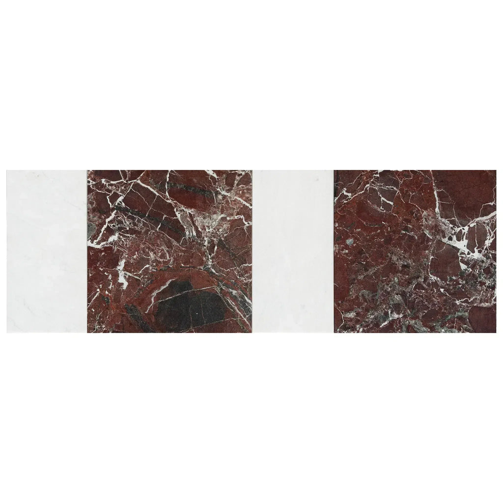 Red marble tile samples from Modena in Rosso Levanto and Carrara White set