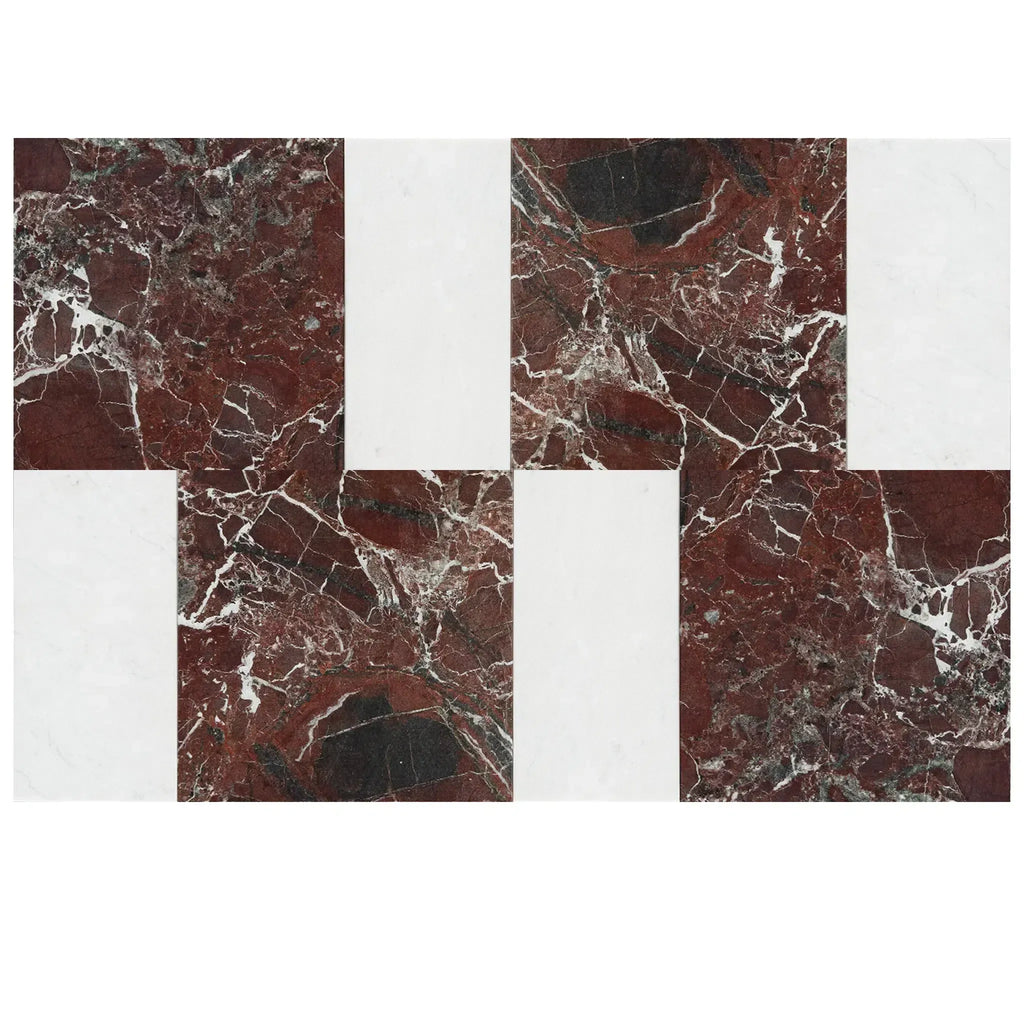 Red and white marble tile pattern of Modena in Rosso Levanto and Carrara White set