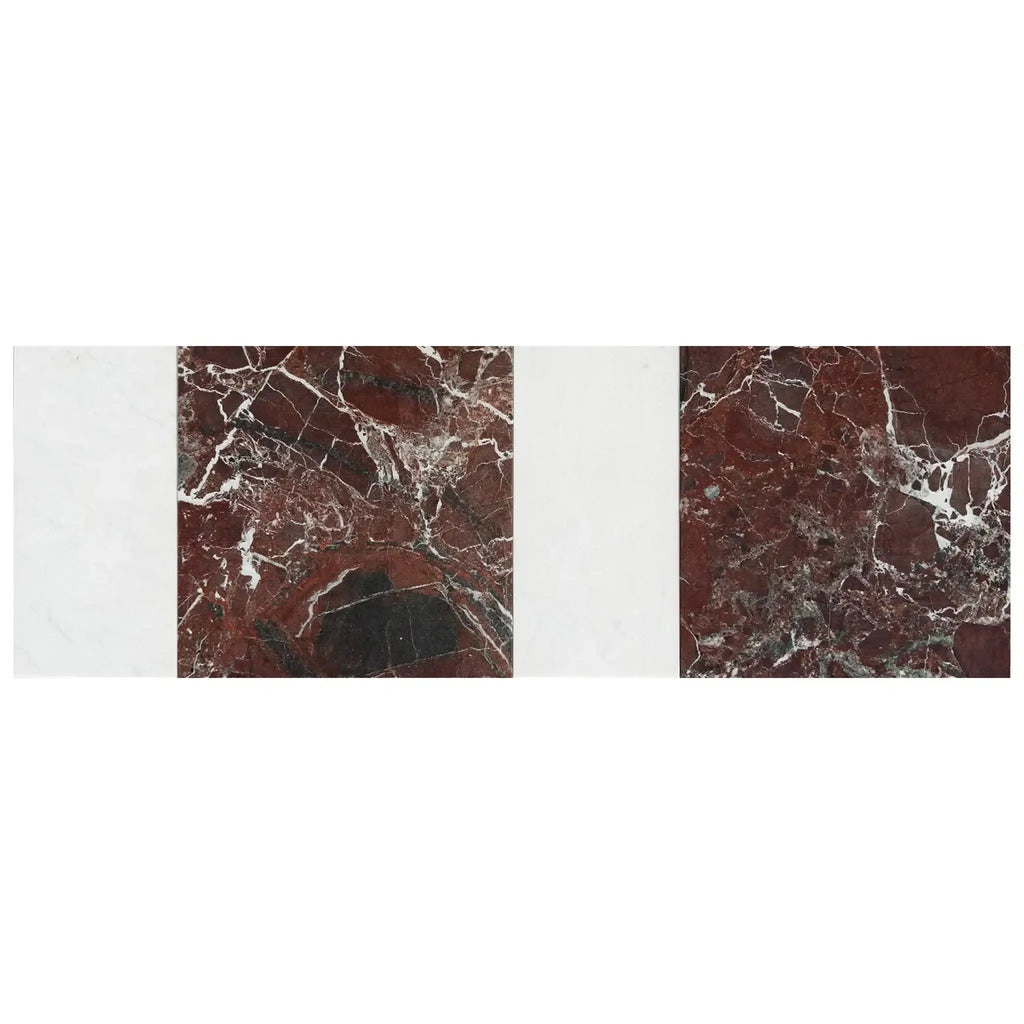 Red marble tile samples from Modena in Rosso Levanto and Carrara White set