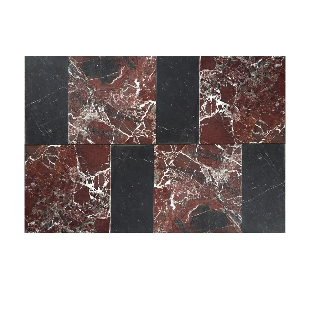 Alternating red marble and black stone tiles from Modena in Rosso Levanto set