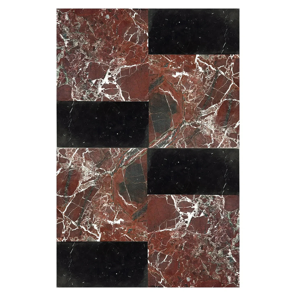 Red and black marble tile pattern in Modena in Rosso Levanto and Nero Marquina set