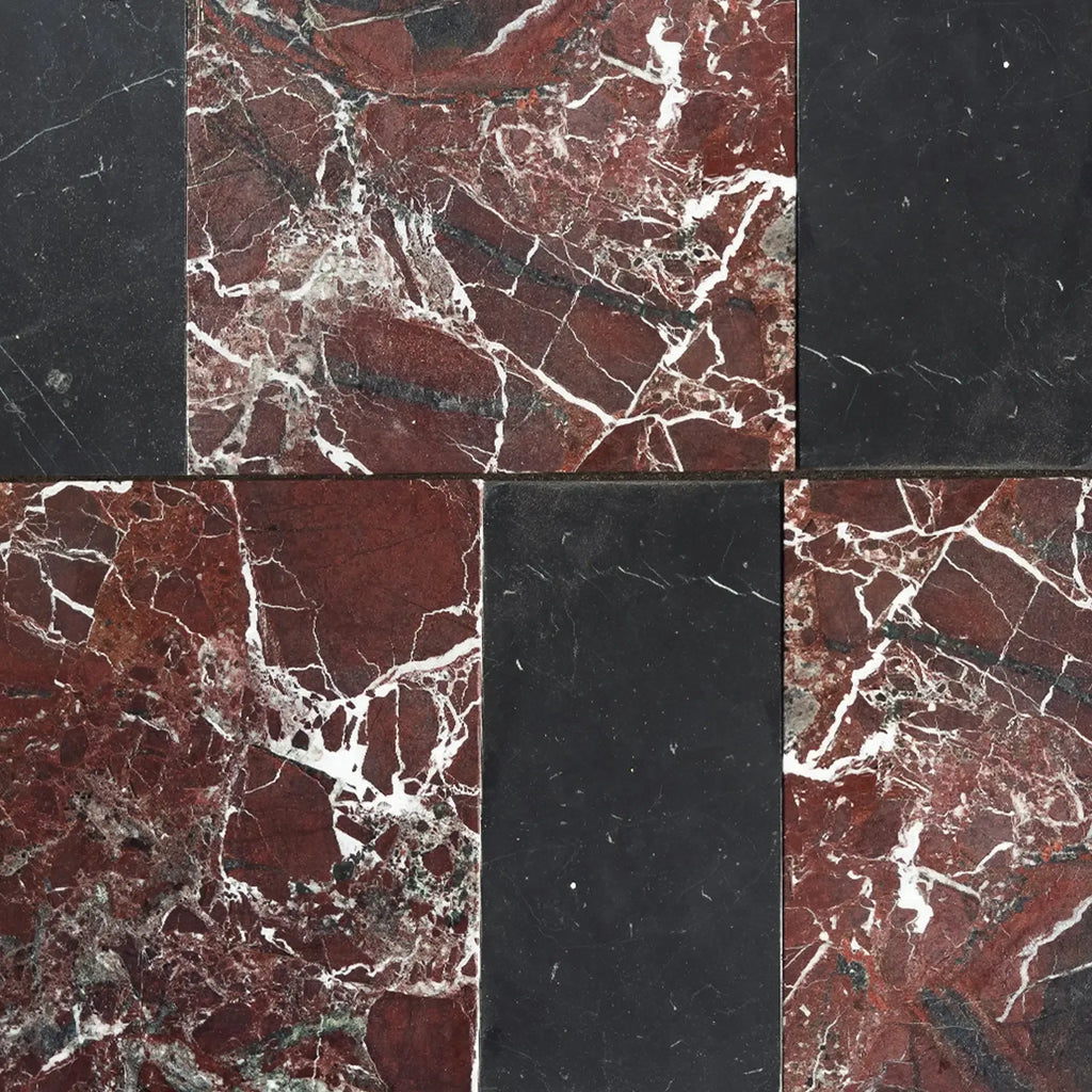 Polished marble tile pattern in Modena in Rosso Levanto and Nero Marquina set