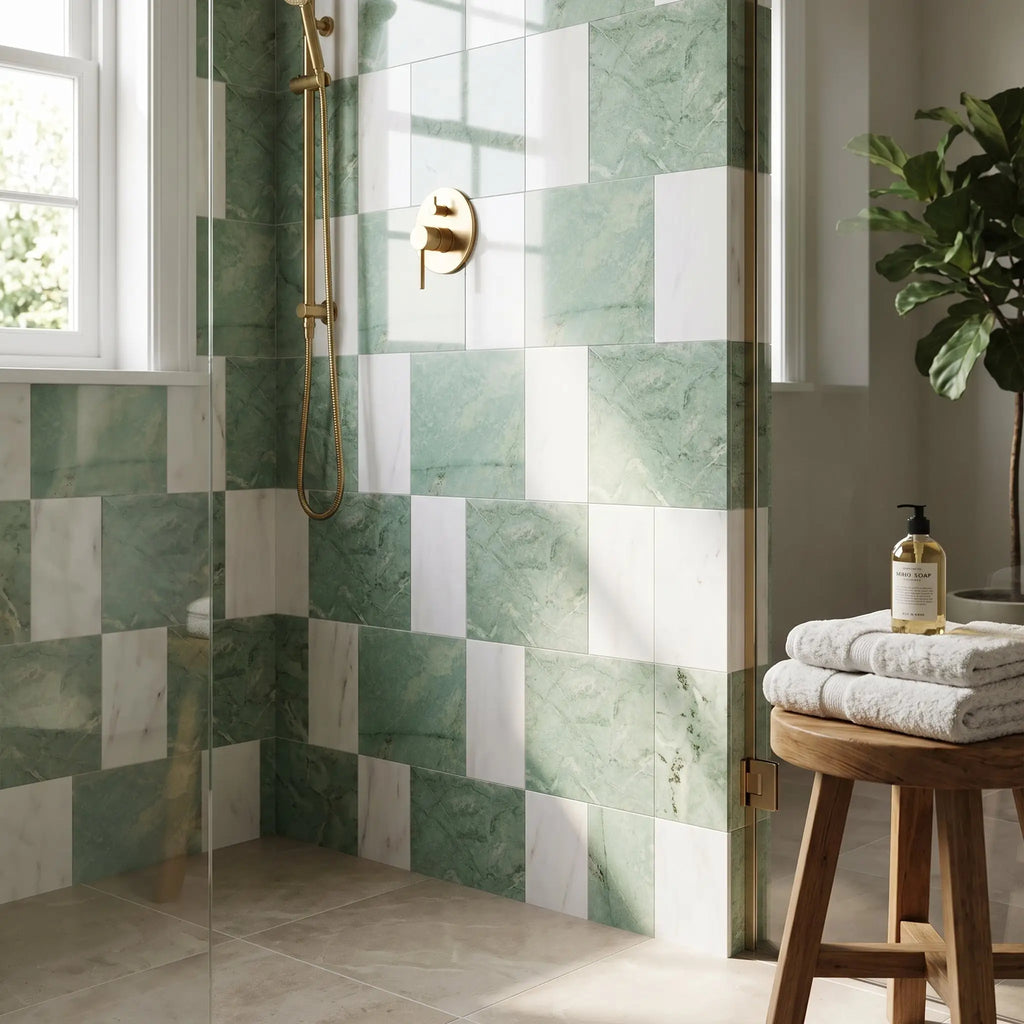 Modena shower tiles in ming green and bianco dolomite marble pattern arranged in a checkered 12x12 and 6x12 set