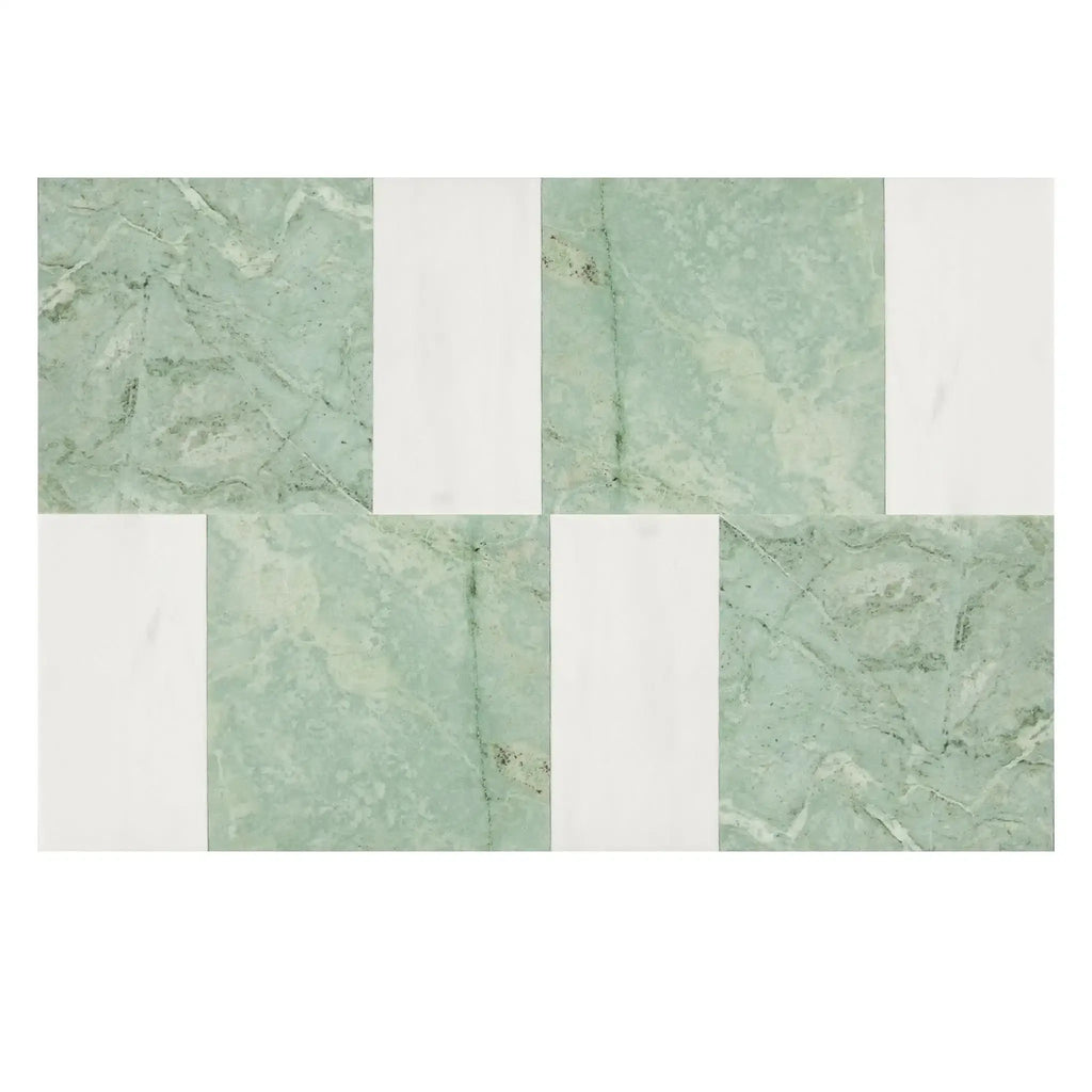 Green and white patterned tiles from the Modena in Ming Green and Bianco Dolomite set