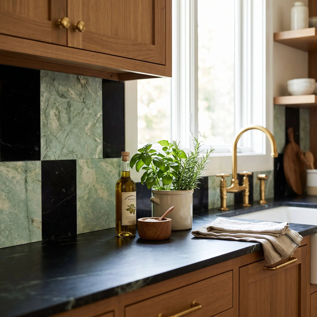 A bottle of golden olive oil with cork stopper on dark countertop in Modena ming green 12x12 and Nero Marquina 6x12 set