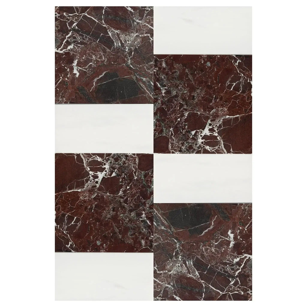 Alternating marble and white tile pattern in Modena in Rosso Levanto and Bianco Dolomite set