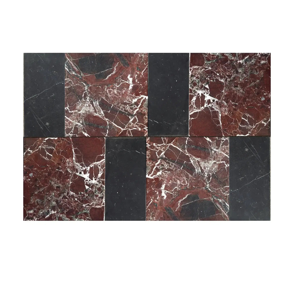 Alternating red marble and black stone tiles from Modena in Rosso Levanto set