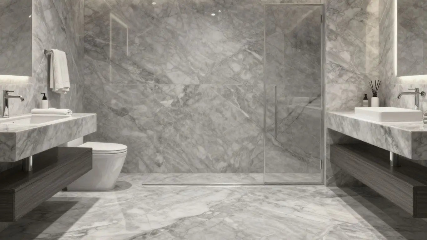 Atlantic Gray Marble flooring and walls in a bathroom.