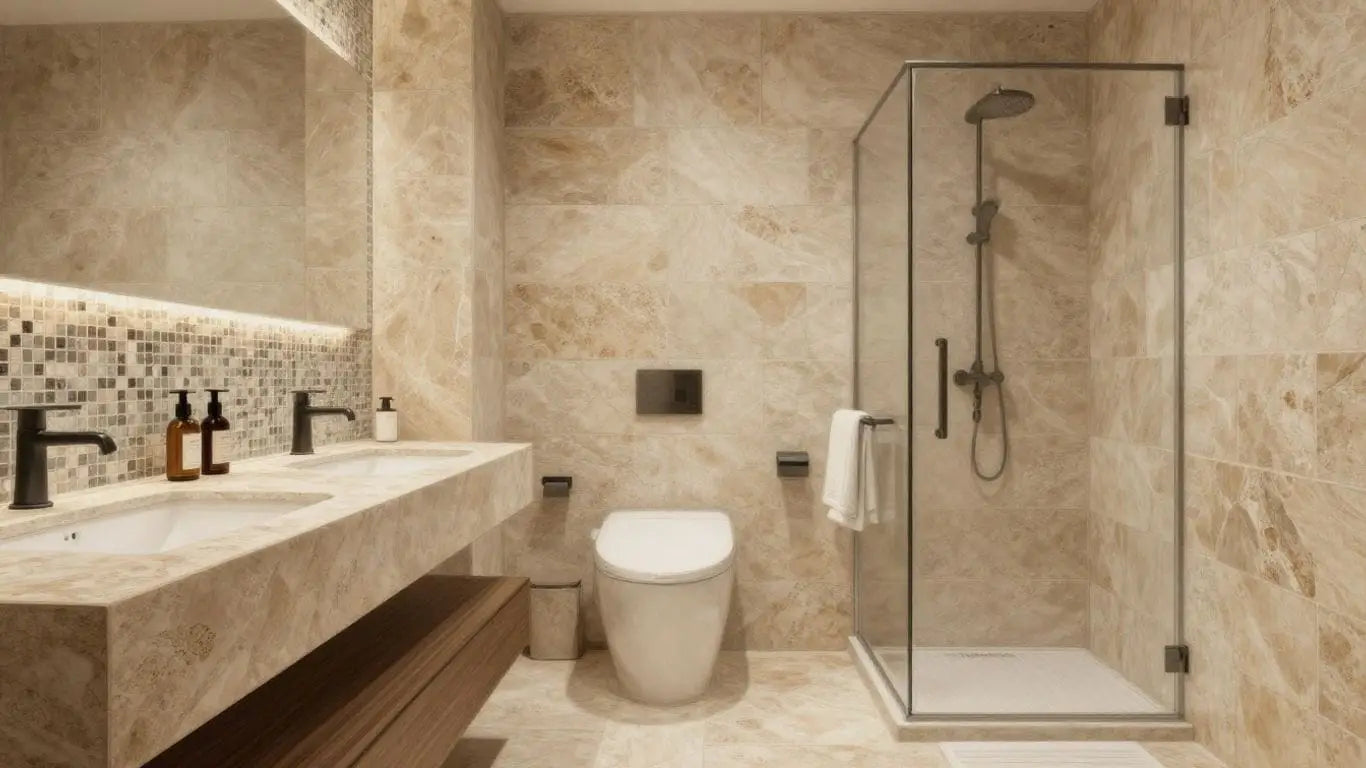 Natural stone bathroom with mosaic tile accents sketch.