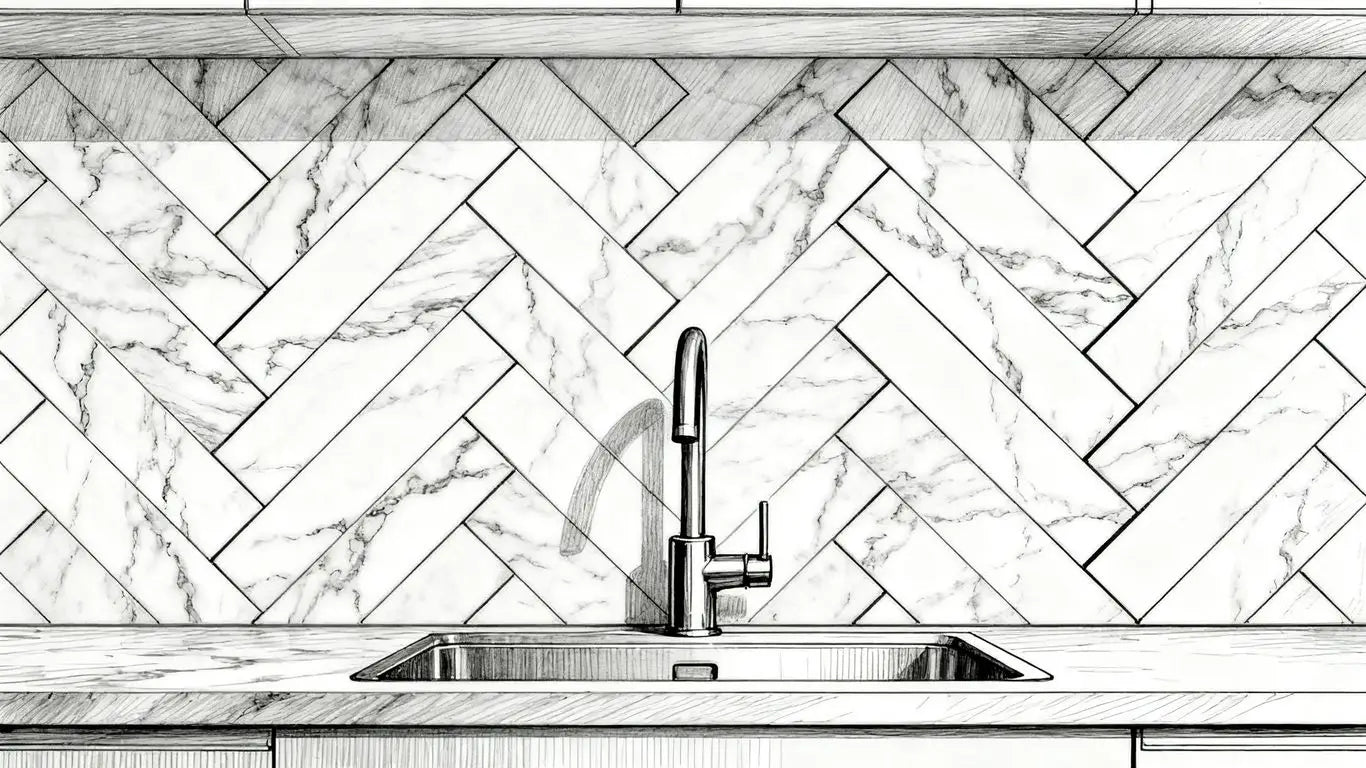 Herringbone marble backsplash in modern kitchen