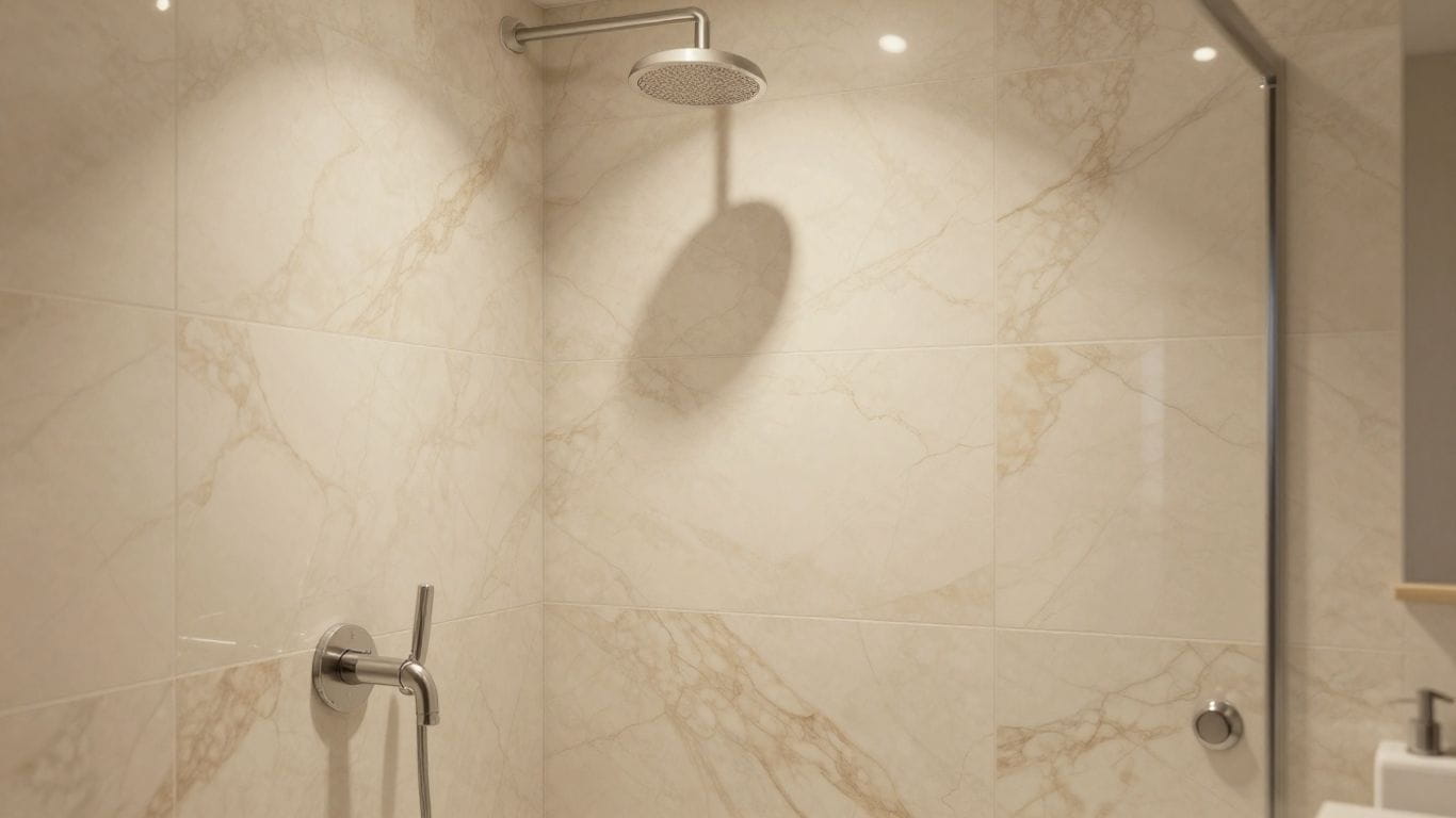 Crema Marfil marble shower tiles in a bathroom.