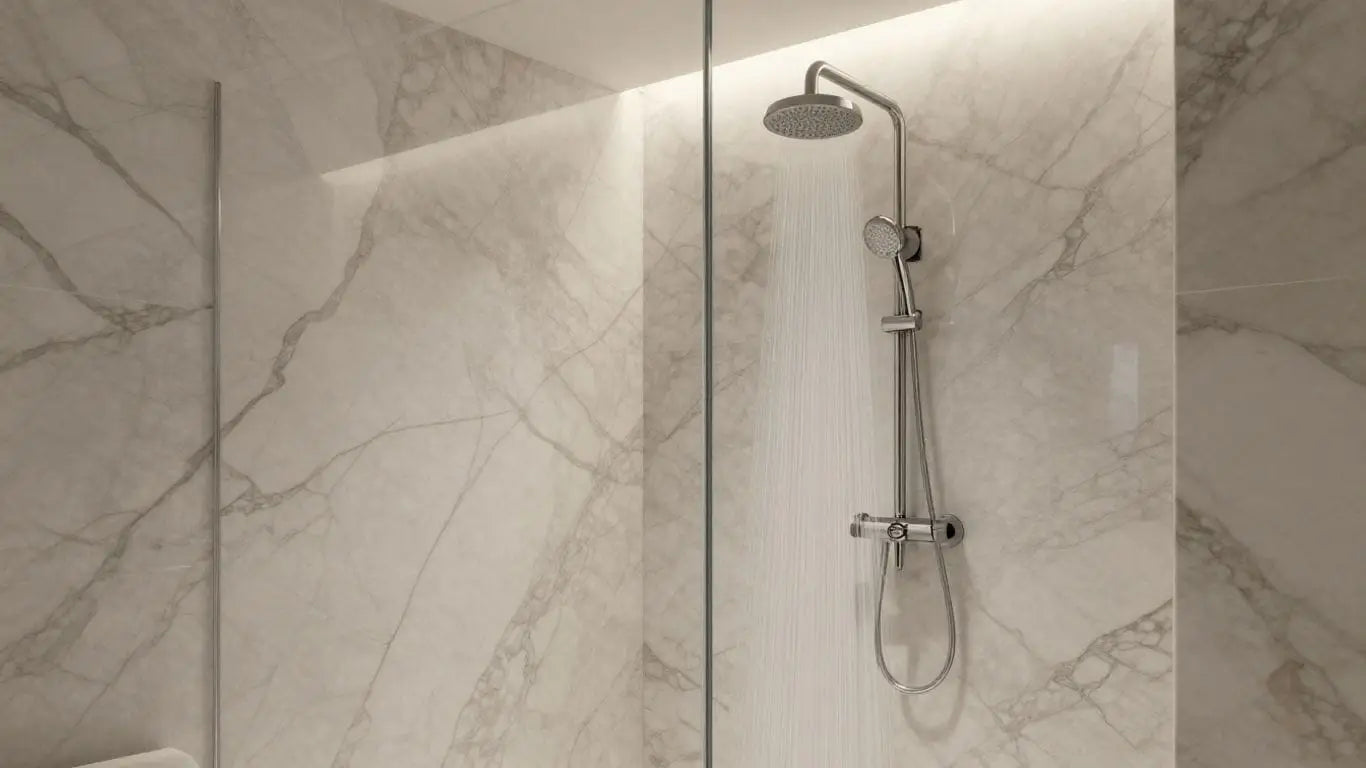 Luxury marble shower with intricate veining and modern fixtures.