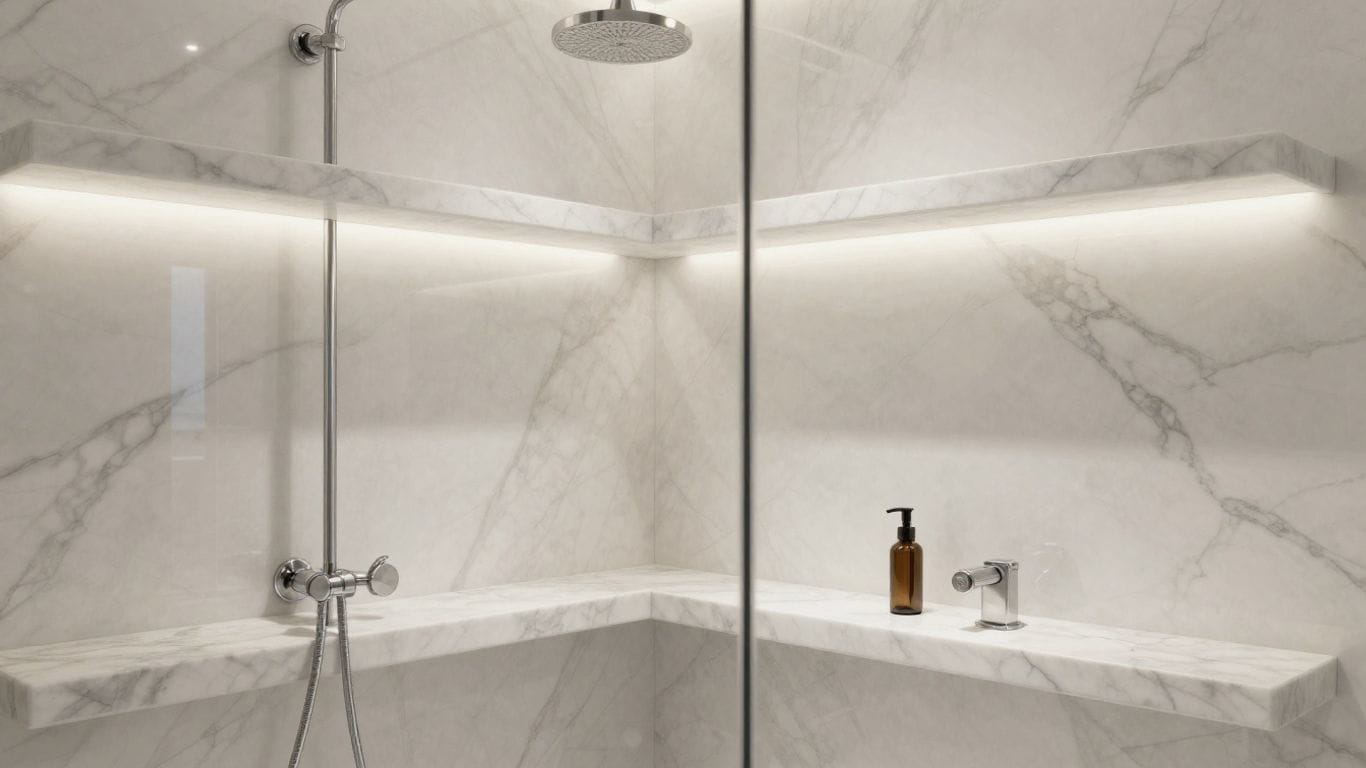 Marble corner shelves in a luxury shower sketch.