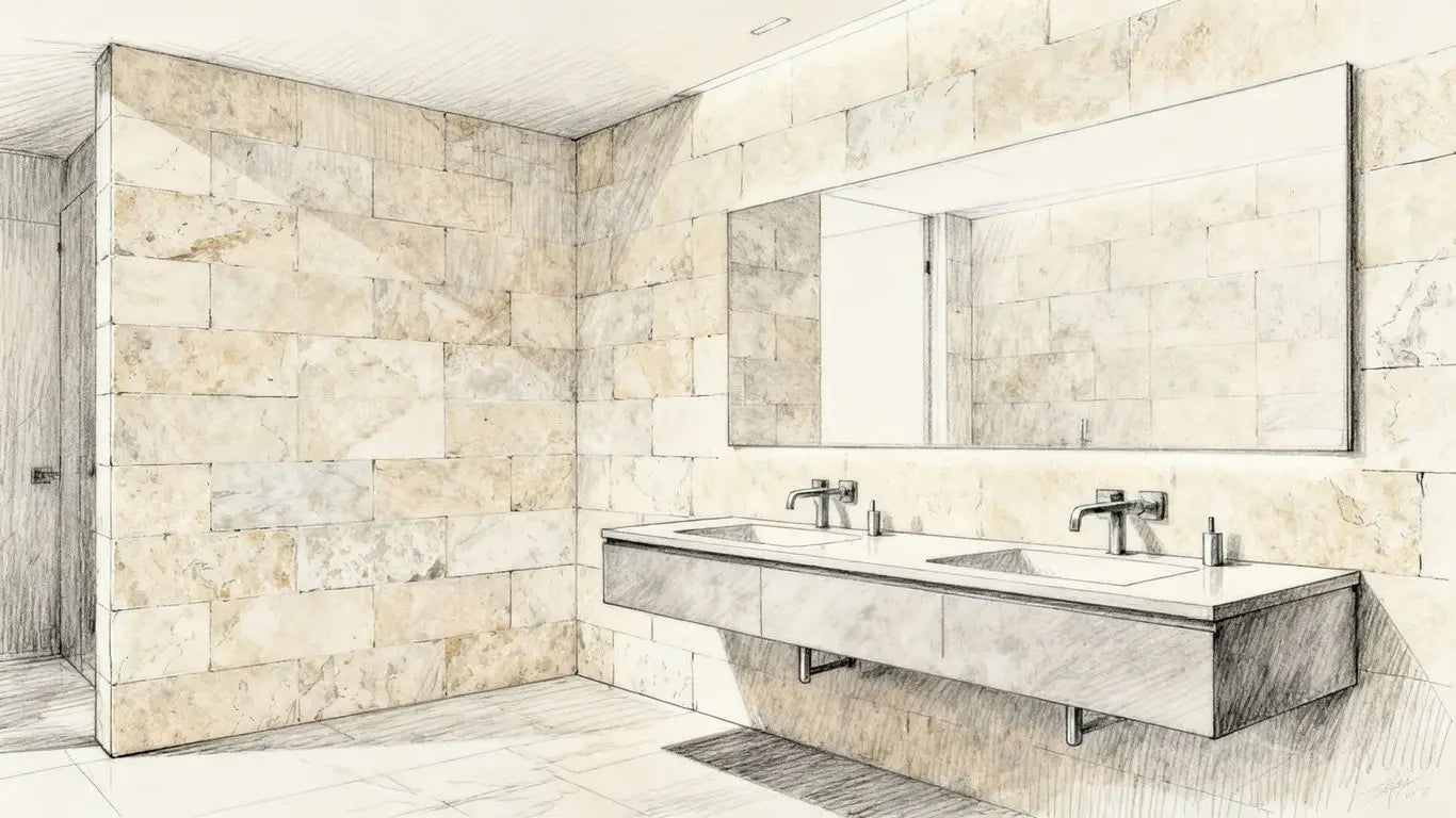 Bathroom interior with limestone wall tiles