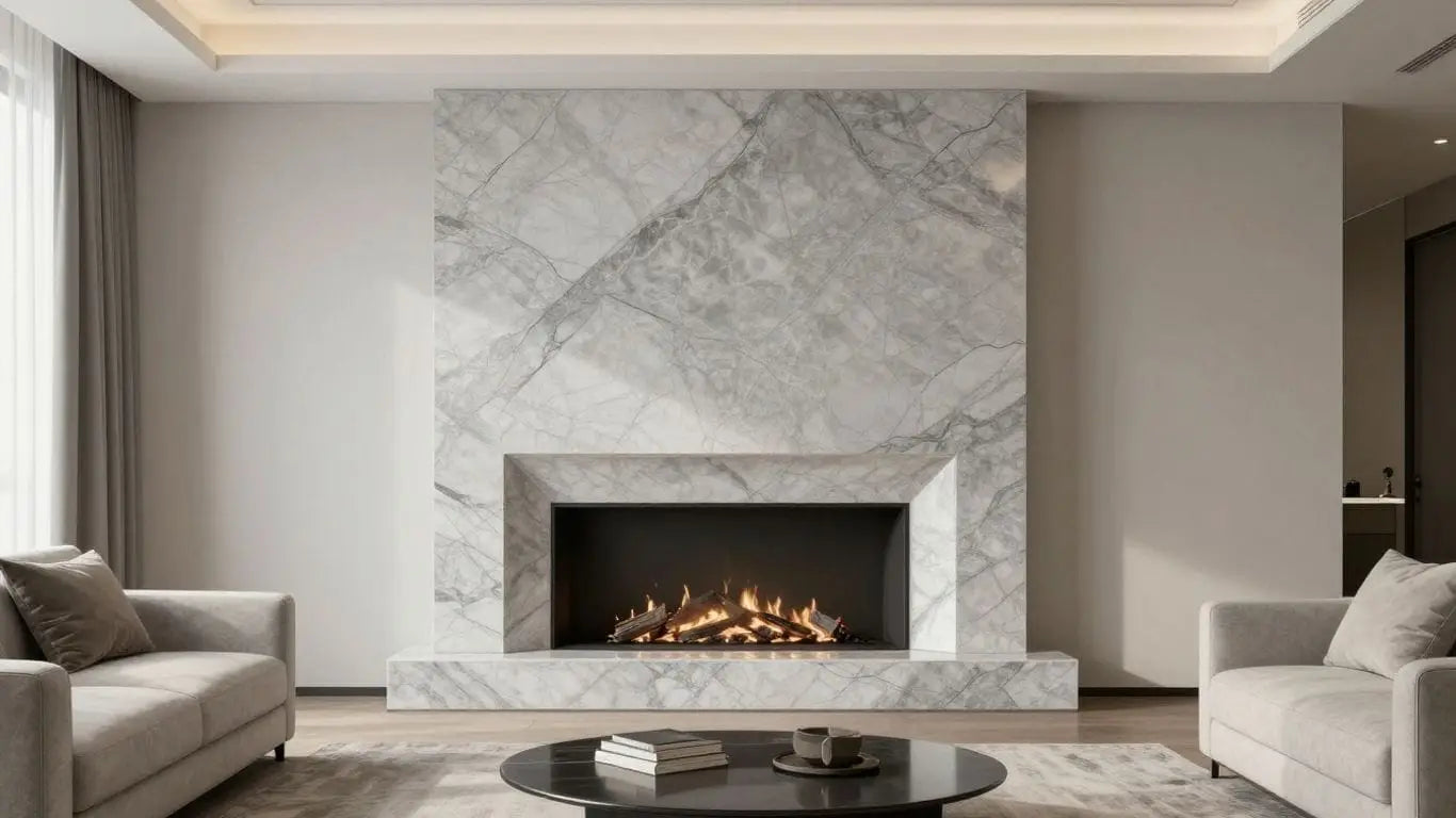Tundra Gray marble fireplace in a modern living room.