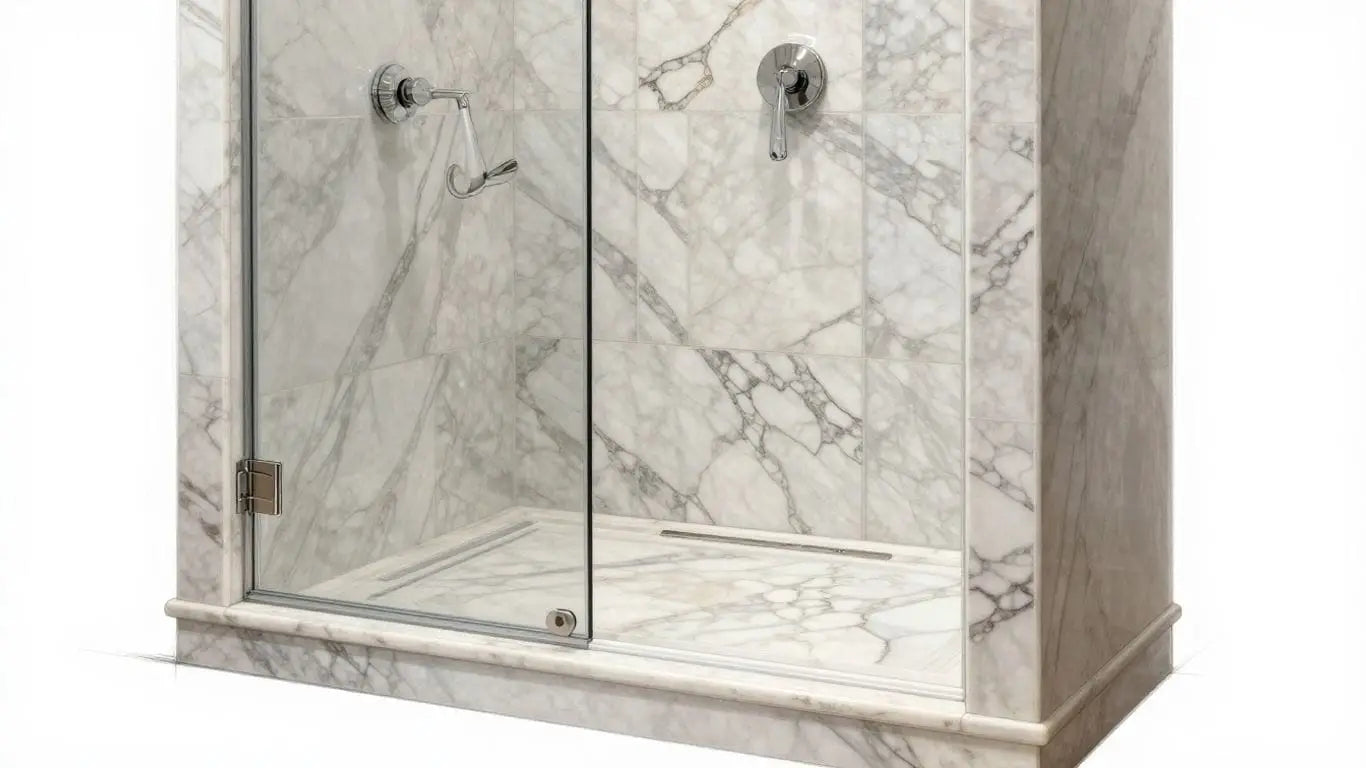 Marble shower niche with creative tile patterns.