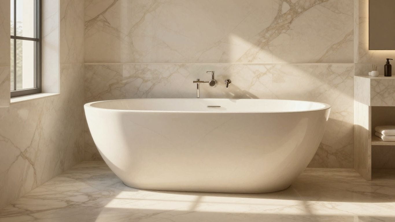 Crema Marfil marble bathroom with elegant veining.